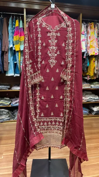 Pakistani Merakish Luxury Chiffon Stitched 3Pcs  _ Aesthetic Maroon 